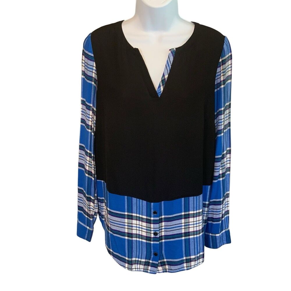 Kensie Women's Black Blue Plaid Accent Split Neck Popover Tunic Top Size XS